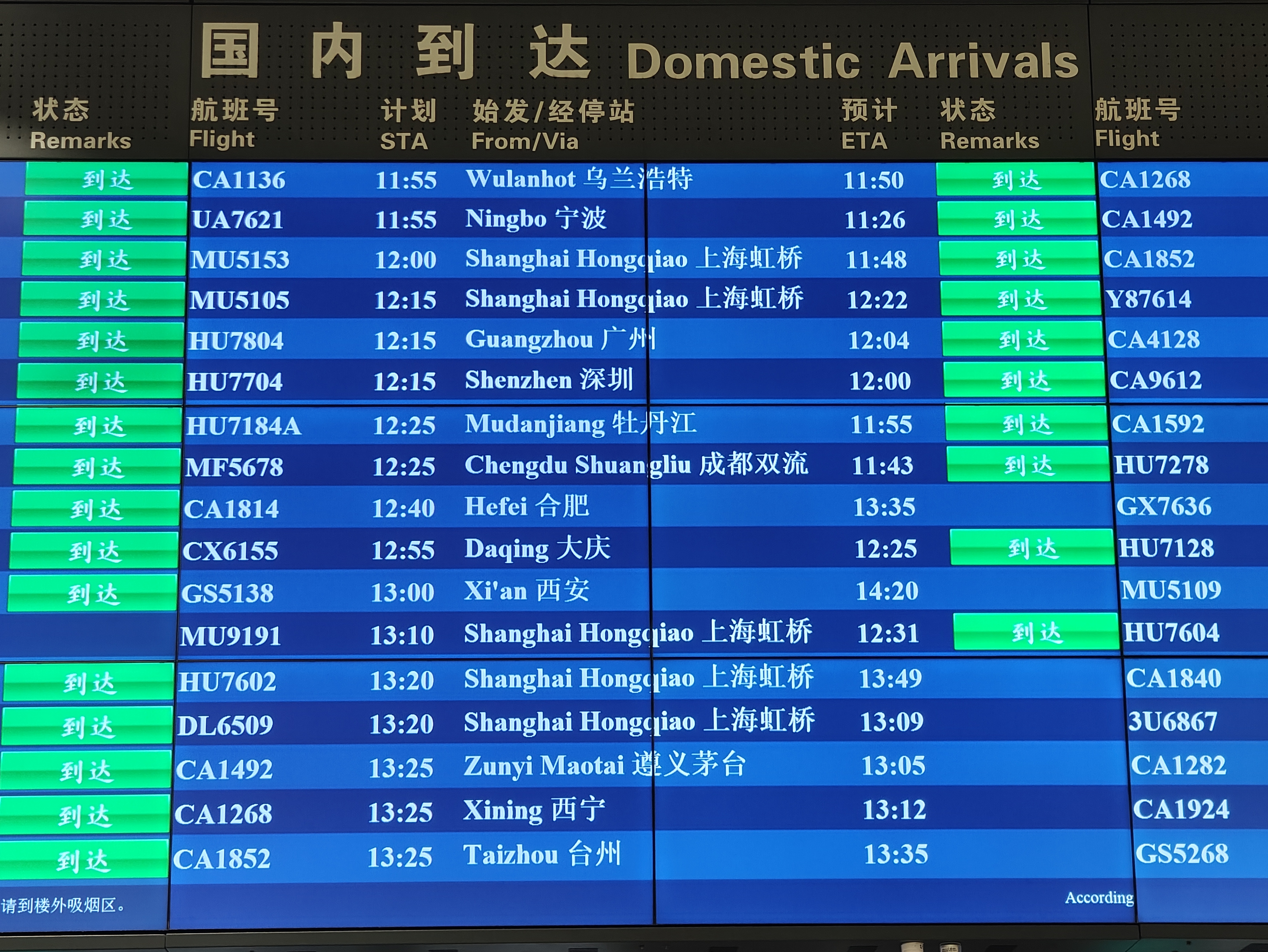 首都機場大屏顯示，MU9191航班于12:31順利到達(dá)。人民網(wǎng)記者 夏曉倫攝