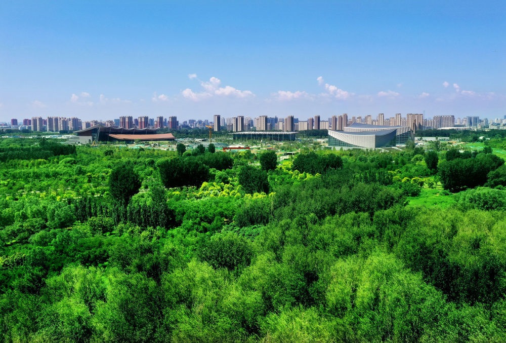 北京東方化工廠舊址建成的綠心公園草木蔥蘢。（馬文曉 攝）