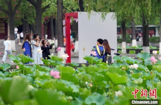 6月19日，時(shí)值一年畢業(yè)季，四川大學(xué)望江校區(qū)荷花池里的荷花盛開，成為了畢業(yè)生們的打卡圣地，吸引了眾多畢業(yè)生拍照留念。圖為畢業(yè)生在荷花池邊拍照留念。中新社記者 安源 攝