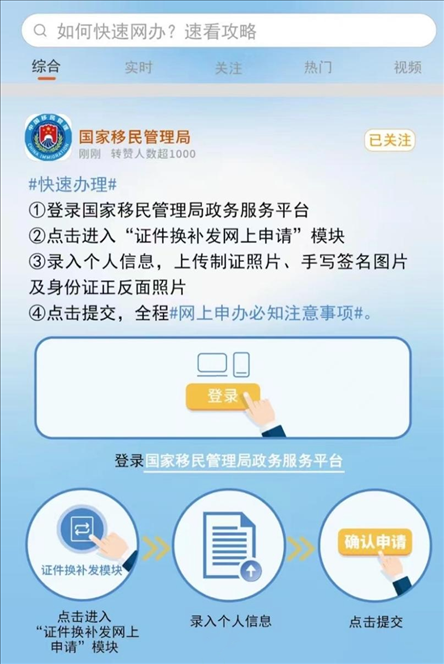 國(guó)家移民管理局出入境證件“全程網(wǎng)辦”流程。圖片來源：微信公眾號(hào)“國(guó)家移民管理局”