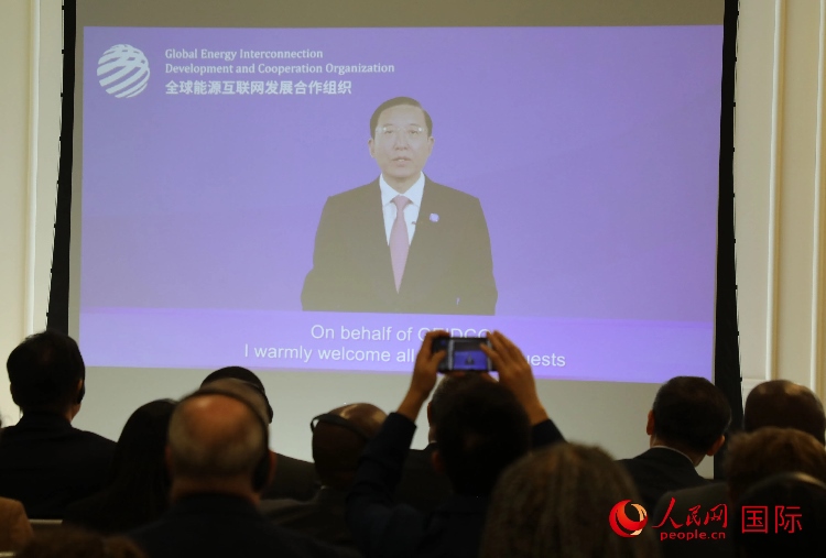 全球能源互聯(lián)網(wǎng)發(fā)展合作組織主席、中國電力企業(yè)聯(lián)合會理事長辛保安通過視頻方式致辭。人民網(wǎng)記者 李志偉攝