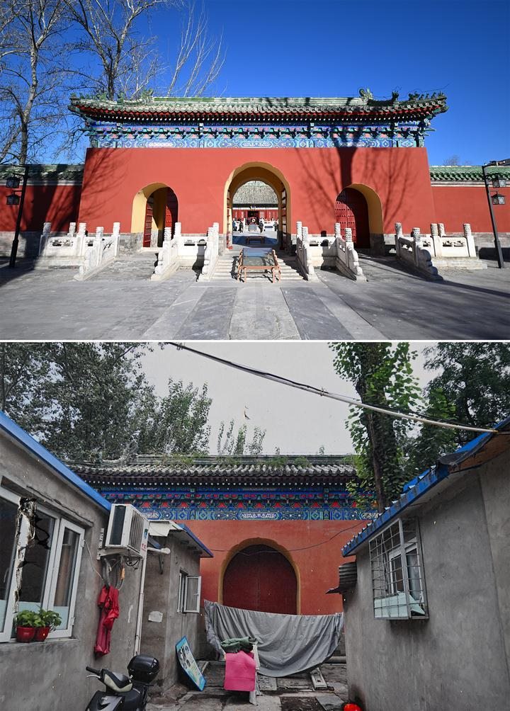 位于先農(nóng)壇內(nèi)的慶成宮，曾長(zhǎng)時(shí)間被雜亂的民居占據(jù)。在北京中軸線申遺保護(hù)工作的帶動(dòng)下，北京完成了慶成宮區(qū)域文物征收騰退、非文物建筑拆除、彩畫(huà)保護(hù)、本體修繕、展覽布陳等，讓560多年歷史的古建群重新回歸。2024年12月，北京中軸線上先農(nóng)壇內(nèi)的慶成宮首次面向社會(huì)公眾開(kāi)放。上圖為騰退修繕后的慶成宮內(nèi)宮門(mén)（資料照片）；下圖為翻拍的慶成宮內(nèi)宮門(mén)騰退修繕前的資料照片（2024年12月21日攝）。